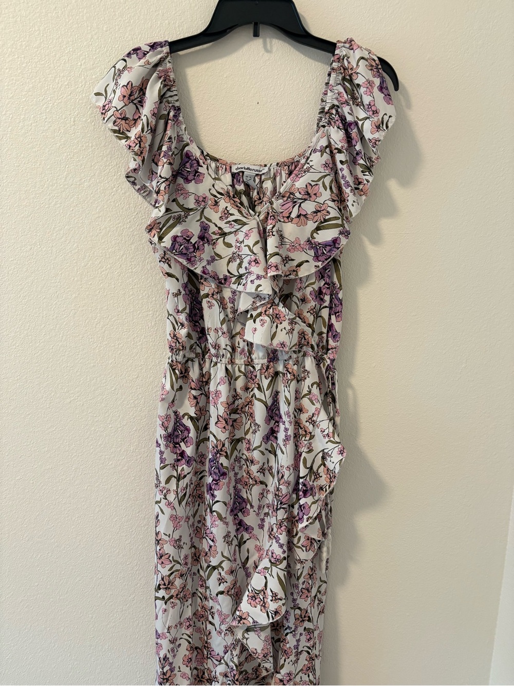 Charlotte Russe White Maxi Dress with Purple & Pink Floral Print